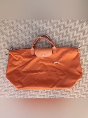 Longchamp Orange Nylon Le Pliage Tote with Leather Trim